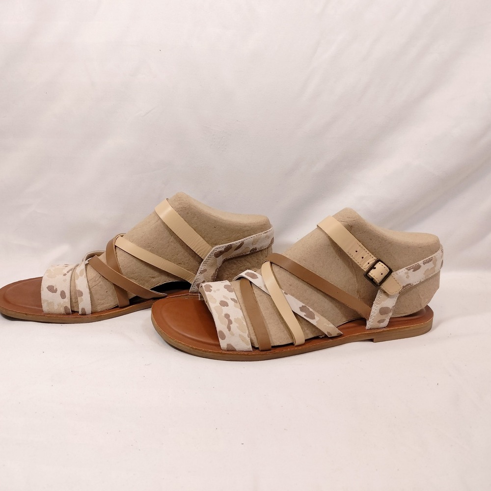 TOMS Sephina Tan Strappy Sandals; Leopard Print Leather Flat Buckle Shoes